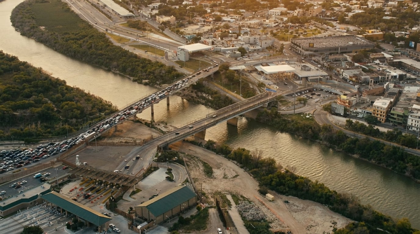 Aerial view of the McAllen-Hidalgo International Bridge crossing the Rio Grande between Texas and Mexico